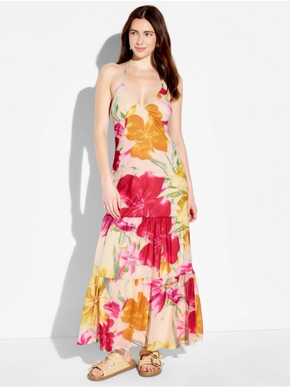 wild fable Floral Halter Maxi Dress in Cream, Pink, Yellow